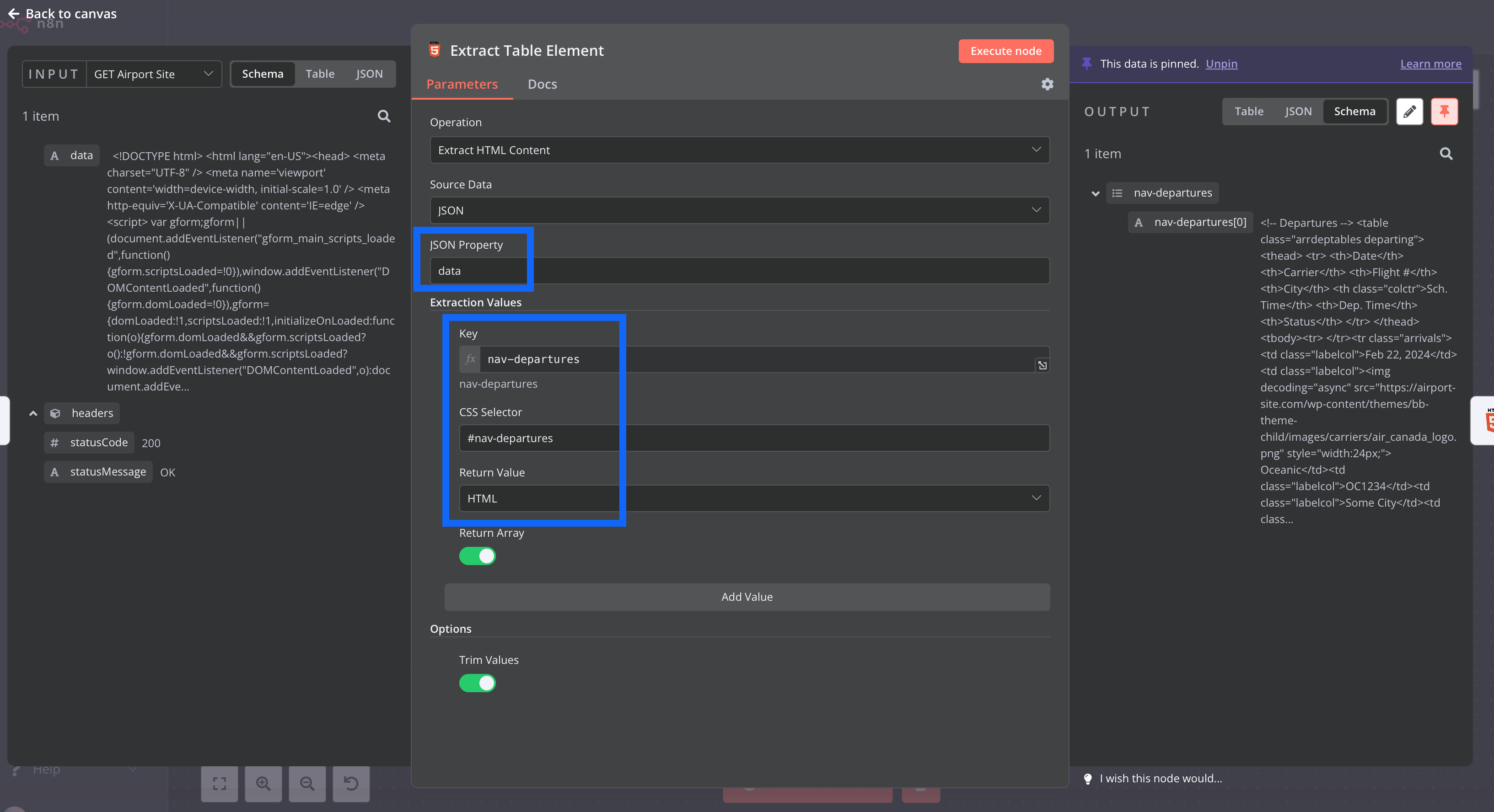 N8N Extract HTML node, showing input and output