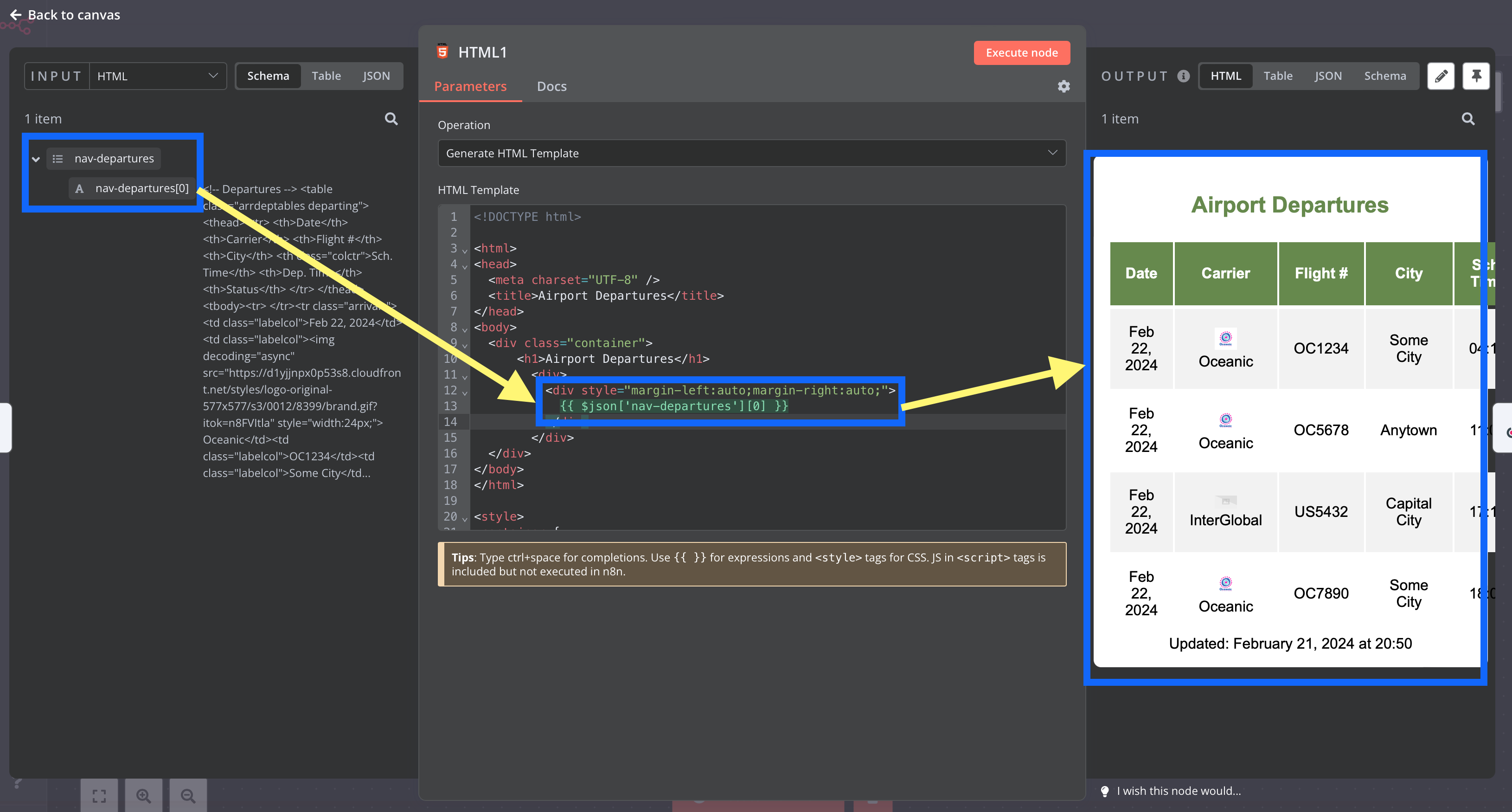 In N8N, the JSON input gets turned into a proper HTML table